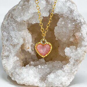 3/$20 14k Gold Pink Glitter Resin Heart Charm Handmade Pendant Necklace